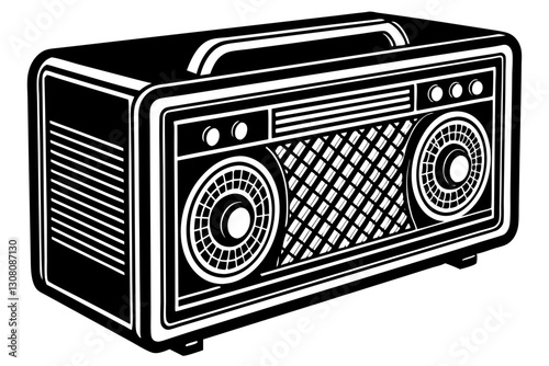 Monochrome vector illustration of a vintage or retro radio with a handle and speaker grills.