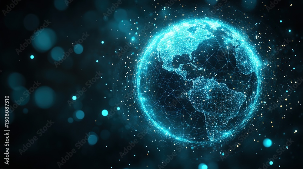 Global network connection, glowing earth, dark bokeh background, digital communication Global network connection, glowing earth, dark bokeh background, digital communication