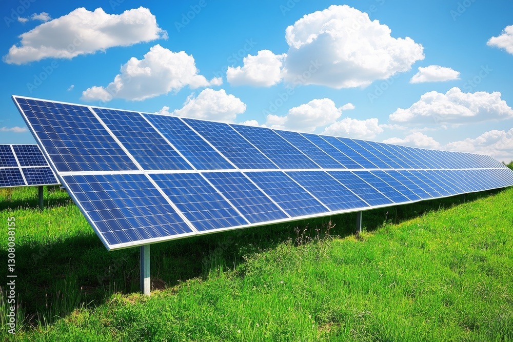 Solar Panels Under Blue Sky with Fluffy Clouds and Green Grass Solar Panels Under Blue Sky with Fluffy Clouds and Green Grass