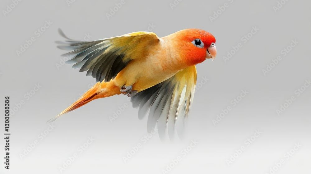 Fototapeta premium Colorful Bird in Flight with Vibrant Feathers Against Neutral Background Capturing Graceful Movement and Beauty