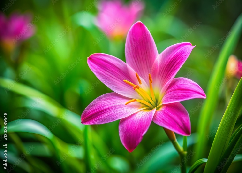 Delicate Pink Rain Lily Flower with Green Leaves - Zephyranthes grandiflora Delicate Pink Rain Lily Flower with Green Leaves - Zephyranthes grandiflora