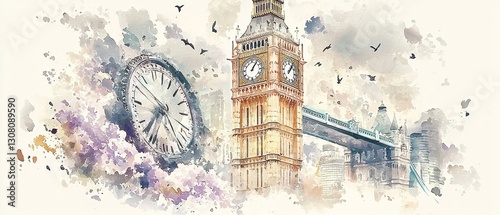 Vibrant Watercolor Interpretation of the Iconic London Skyline with Big Ben Clock Tower