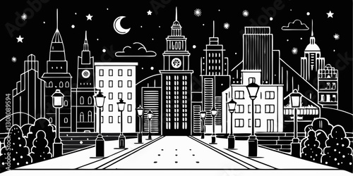 Monochrome vector illustration of a cityscape at night with a moon, stars, and streetlights.