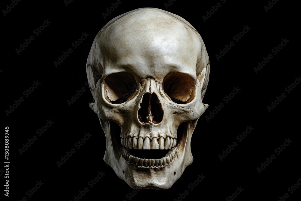 Obraz premium A realistic human skull set against a black background, revealing fine details like teeth, nasal cavity, and eye sockets, serving as an educational reference for art and anatomy.