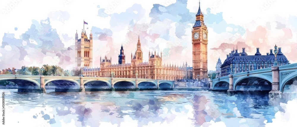 Naklejka premium Vibrant Watercolor Portrayal of London s Iconic Skyline with Landmarks