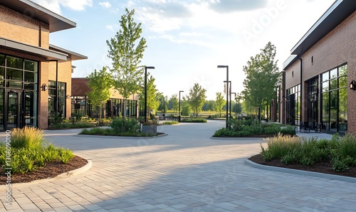 Modern retail center with landscaped pathways and surrounding greenery on a sunny day.