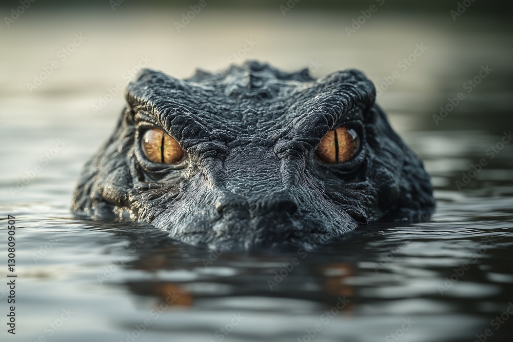 Obraz premium Close-Up of a Dangerous Crocodile's Eyes in a Serene Florida Freshwater Habitat: A Wildlife Photographer's Shot of Predatory Reptilian Movement in the Natural World