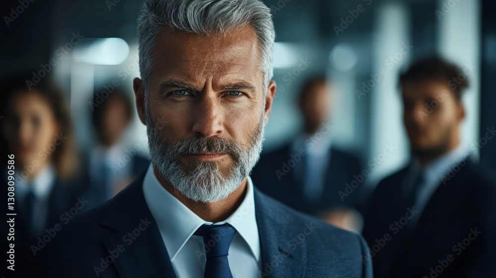 A confident middle-aged business man with grey hair and beard, wearing a suit, standing in front of his team at the office, generative AI A confident middle-aged business man with grey hair and beard, wearing a suit, standing in front of his team at the office, generative AI