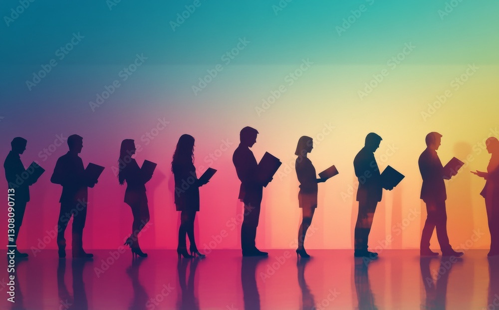 A Row Of Silhouettes Of People Reading Documents Against A Vibrant Gradient Background Perfect For Illustrating Concepts Of Teamwork And Collaboration In A Professional Setting. A Row Of People A Row Of Silhouettes Of People Reading Documents Against A Vibrant Gradient Background Perfect For Illustrating Concepts Of Teamwork And Collaboration In A Professional Setting. A Row Of People