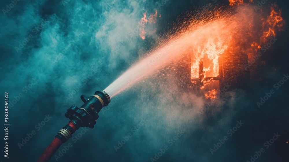 Obraz premium Firefighters battling blaze, intense fire, smoky building, hose in action