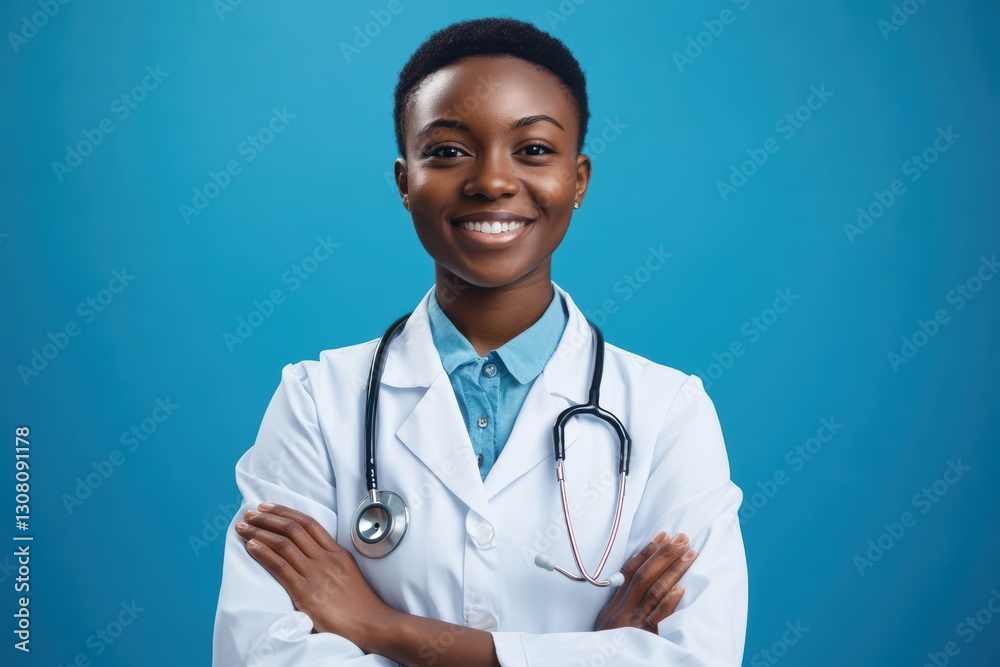 A confident young female doctor smiles with arms crossed, wearing a white lab coat and stethoscope, embodying professionalism and approachability in healthcare. A confident young female doctor smiles with arms crossed, wearing a white lab coat and stethoscope, embodying professionalism and approachability in healthcare.