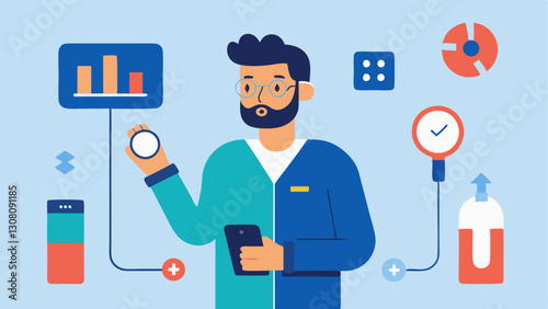 Problem Diagnosis A technician troubleshooting a customers wearable device using a diagnostic tool to identify an issue with diagrams and manuals nearby.