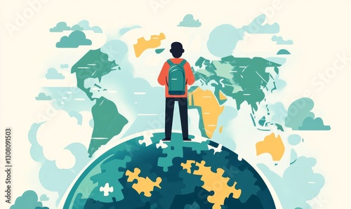 A Person with a Backpack Stands on Top of a Stylized Teal and Green Globe, Surrounded by a World Map with Soft Blue Clouds. Perfect for travel and exploration concepts, showcasing global adventure
