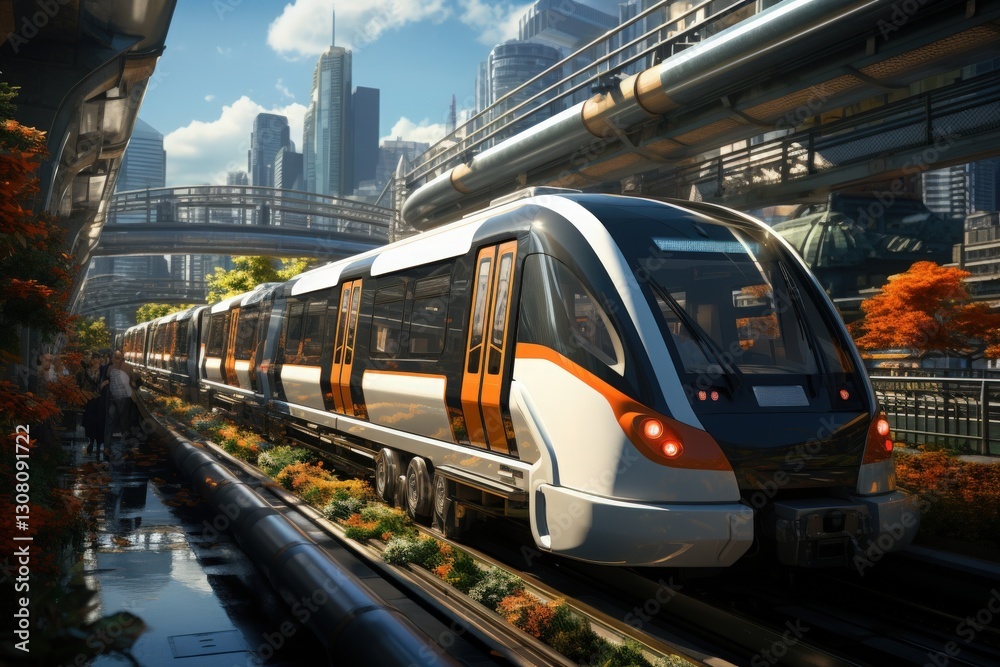 Naklejka premium A bustling city subway station with a train arriving