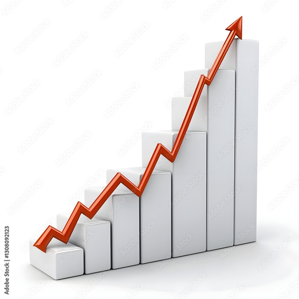 3D Bar Graph Showing Upward Growth Trend with Red Arrow 3D Bar Graph Showing Upward Growth Trend with Red Arrow