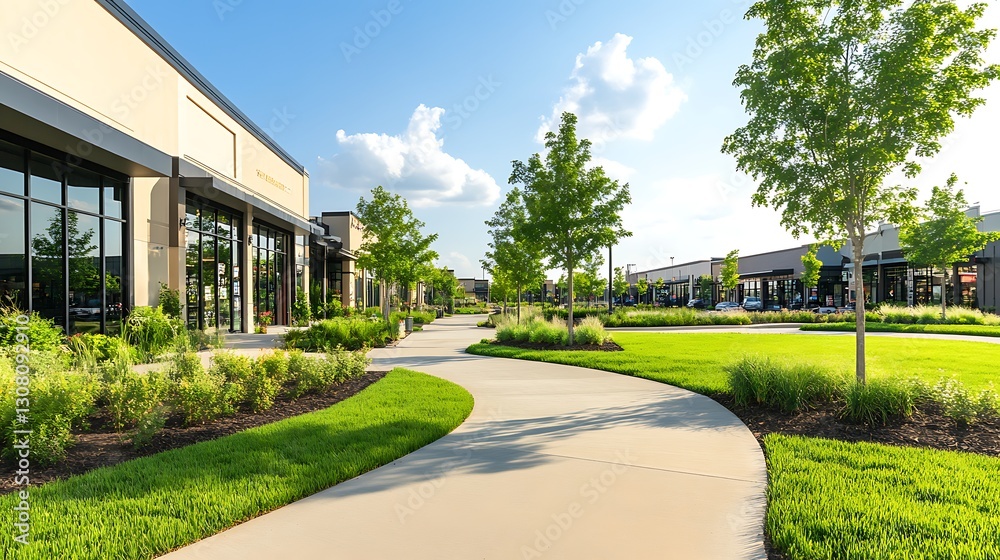 Fototapeta premium Modern commercial plaza with landscaped paths and greenery under a bright sky.