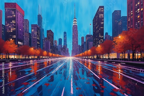 Abstract Cityscape at Dusk - A modern city skyline painted in an abstract style with dripping paint, bold geometric shapes, and neon reflections on a rainy street.