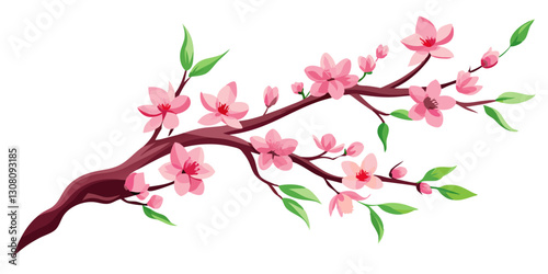 A digital illustration of a flowering cherry blossom branch with pink blossoms and green leaves, set against a white background.