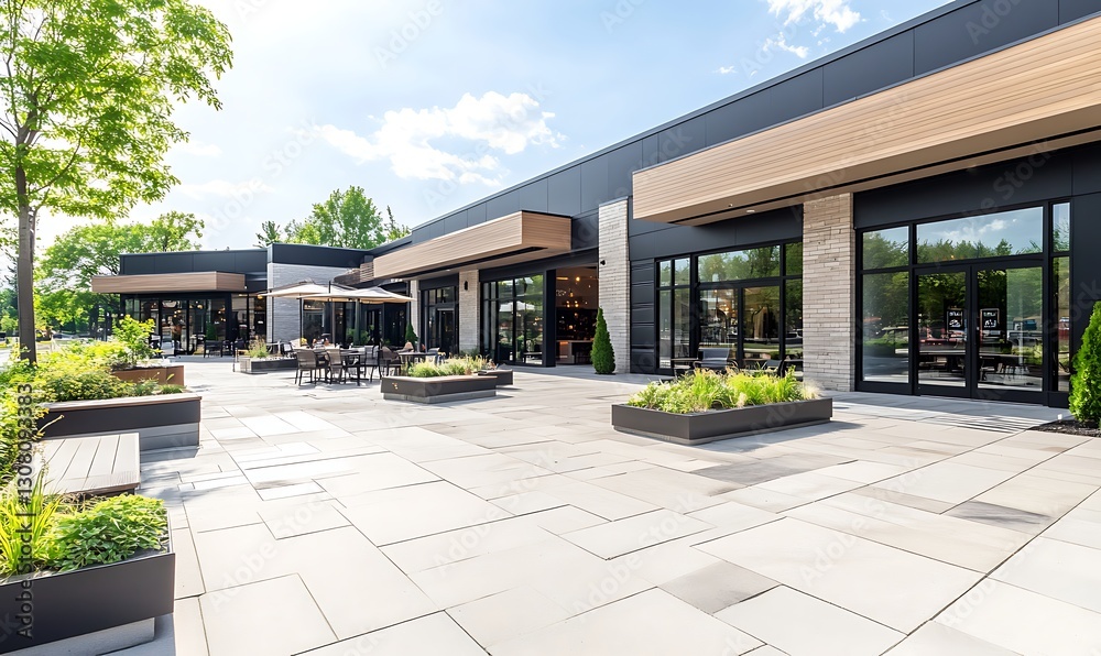 Modern commercial building with a spacious outdoor patio and greenery under a clear blue sky.