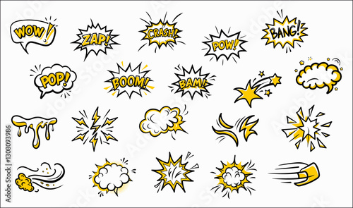 A bold set of hand-drawn comic-style action words like "WOW!" and "BOOM!" with dynamic bursts, lightning, and motion effects. Perfect for pop art, comics, and energetic designs.