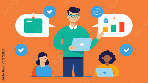 Platform Comparison An illustration of a strategist comparing different content platforms on a large chart with content creators looking intrigued and taking notes.