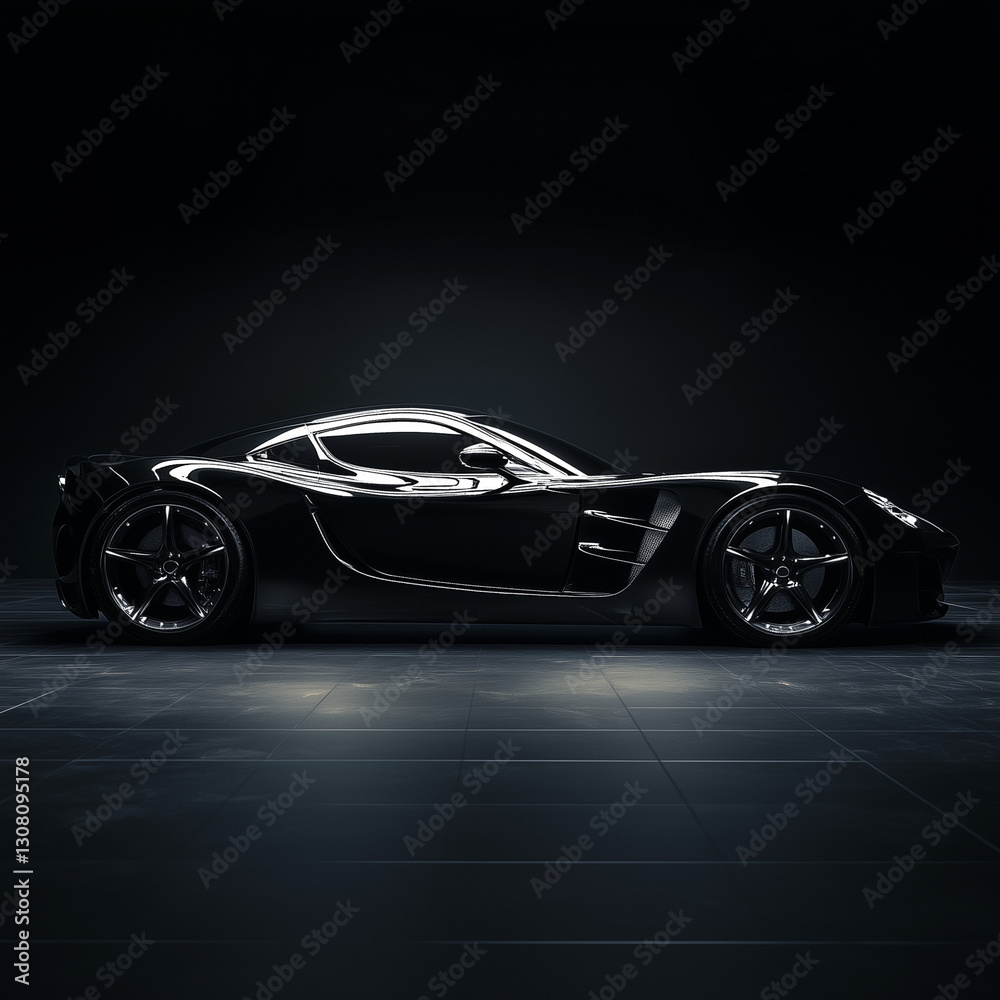 Fototapeta premium Elegant high-end sports car with glossy black paint, parked in a dimly lit studio