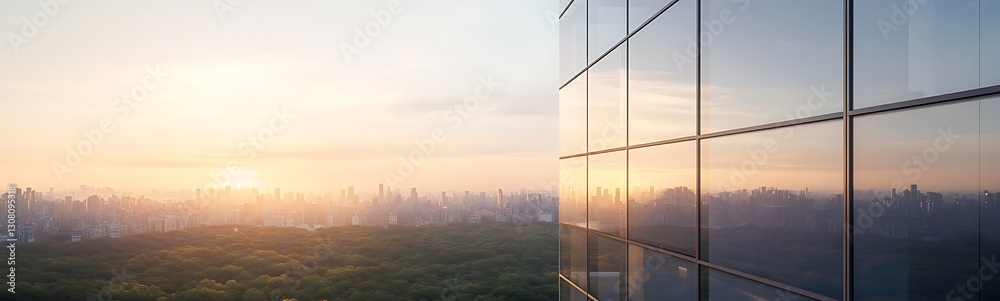 Fototapeta premium Modern skyscraper reflecting the sunrise over a city skyline, showcasing urban architecture and nature.