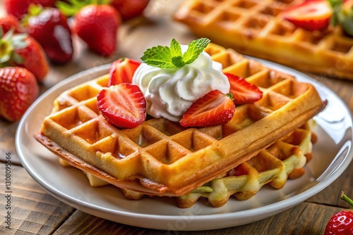 Delicious Golden Brown Waffles with Whipped Cream and Strawberries