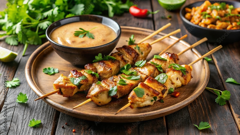 Delicious Grilled Chicken Satay Skewers with Peanut Sauce and Cilantro Garnish Delicious Grilled Chicken Satay Skewers with Peanut Sauce and Cilantro Garnish