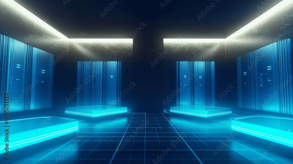 Fototapeta premium Futuristic supercomputer with glowing blue lights in a high-tech minimalist environment, showcasing advanced technology and innovation with ample copy space for design.