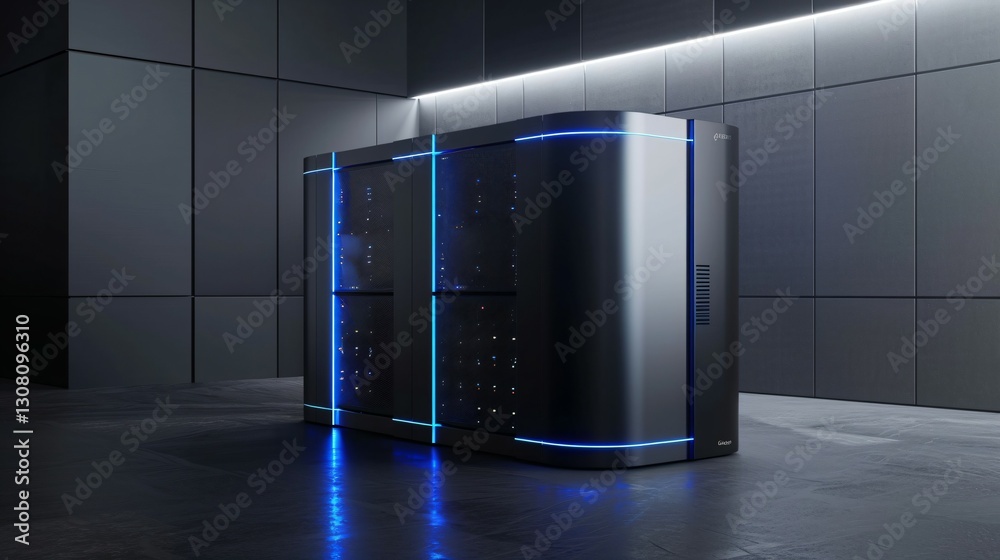 Futuristic supercomputer with glowing blue lights in a high-tech minimalist environment, showcasing advanced technology and innovation with ample copy space for design. Futuristic supercomputer with glowing blue lights in a high-tech minimalist environment, showcasing advanced technology and innovation with ample copy space for design.