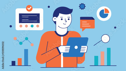 Personalizing Customer Experience A marketing spet analyzing customer data on a tablet while infographics show how AI can personalize interactions.