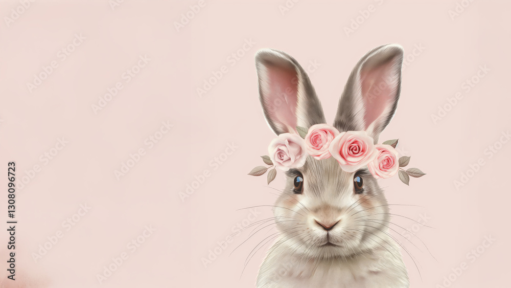 Obraz premium A charming Easter bunny with a delicate floral crown, set against a pastel pink background, symbolizing spring and festivity.