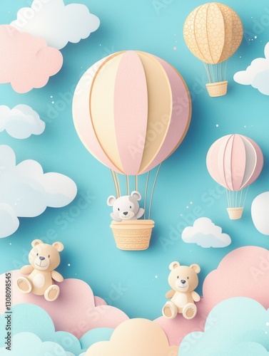 Whimsical scene of teddy bears and hot air balloons amidst pastel clouds in a playful childrens setting Generative AI