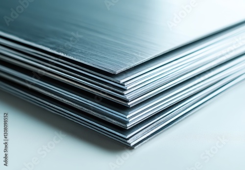 Close-up of metallic sheets stacked neatly, showcasing a smooth finish, reflections and geometric lines, ideal for industrial and design themes