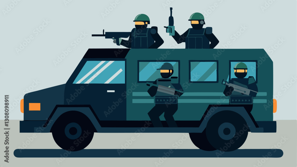 Fototapeta premium These descriptions illustrate various aspects of a SWAT team operating in an armored vehicle focusing on action teamwork and preparation.