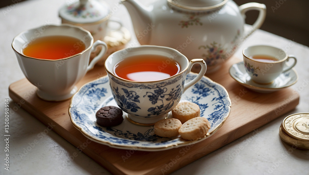 A tea set with a teapot and cups sits on a wooden tray, cookies are scattered around. The set has blue floral patterns. A tea set with a teapot and cups sits on a wooden tray, cookies are scattered around. The set has blue floral patterns.