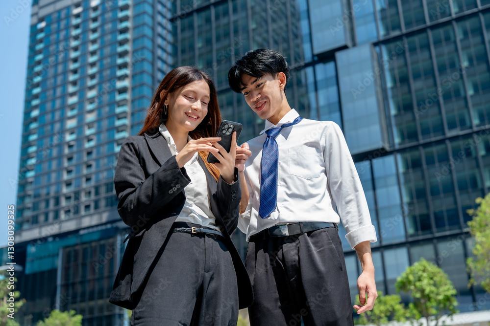 Young professionals using smartphone outdoors in urban setting Young professionals using smartphone outdoors in urban setting