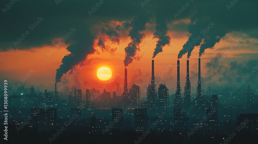 Fototapeta premium Industrial Pollution Sunset Over Cityscape Urban Environment Dramatic Viewpoint Environmental Concerns