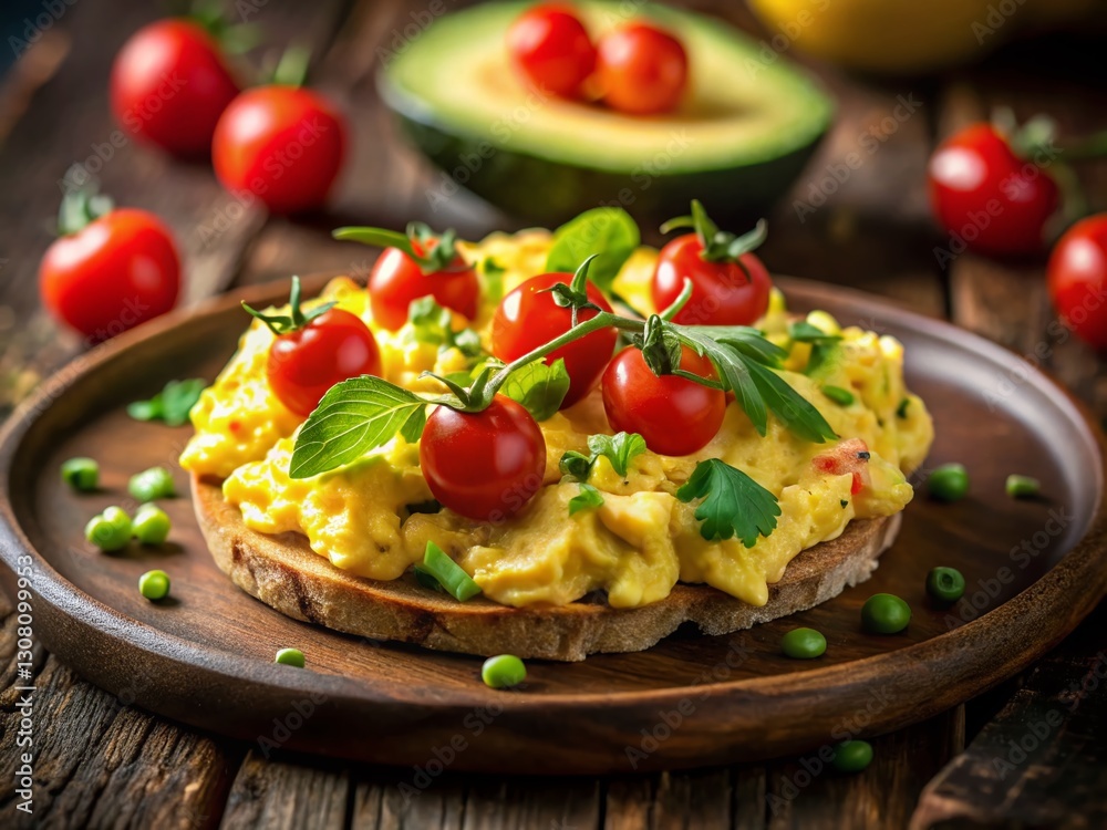 Delicious Scrambled Eggs with Cherry Tomatoes & Avocado - Low Light Food Photography Delicious Scrambled Eggs with Cherry Tomatoes & Avocado - Low Light Food Photography