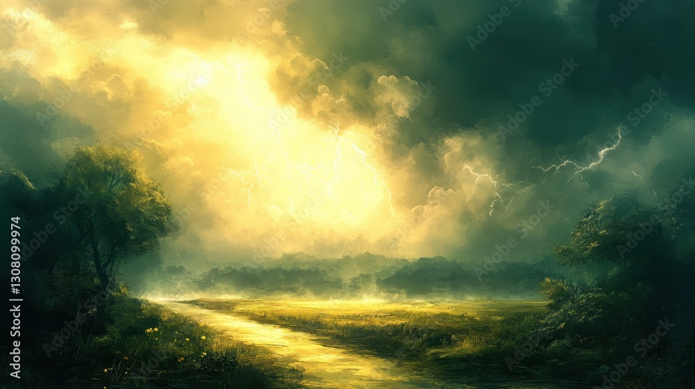 Fototapeta premium Dramatic Landscape with Dark Clouds and Bright Light Breaking Through