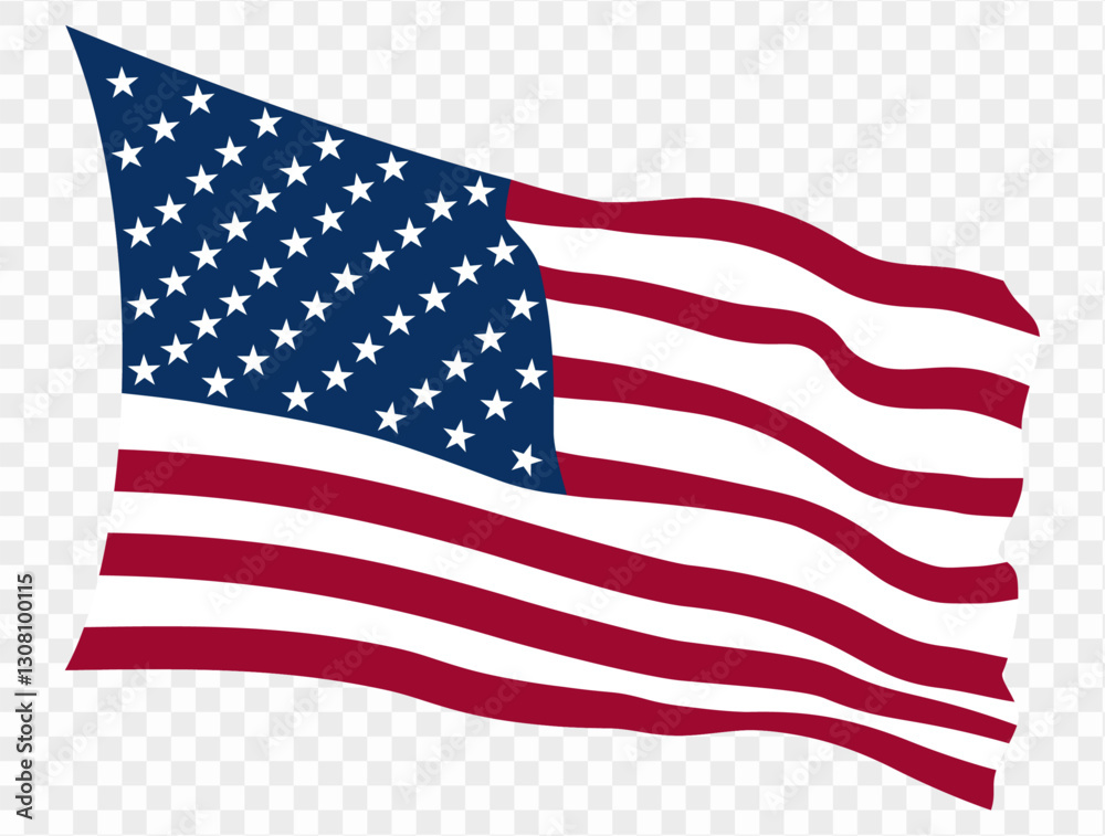 Obraz premium Waving USA flag isolated on transparent PNG background. Perfect for designs, high-quality vector image.