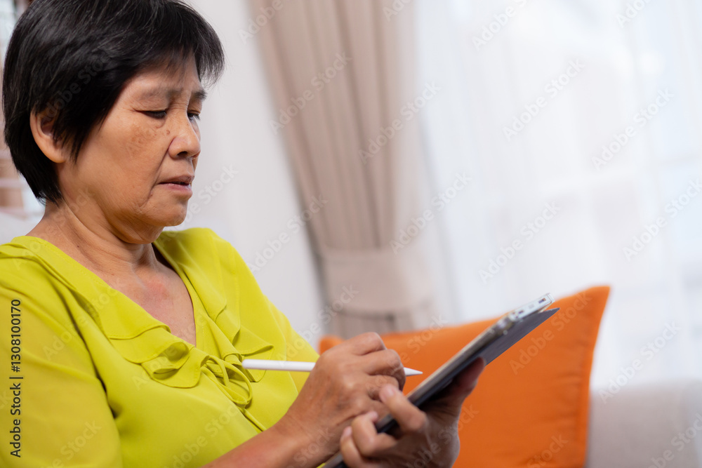 Senior asian woman sitting on sofa using digital tablet with relax in living room at home, elderly sitting on couch writing on tablet with comfortable and leisure, lifestyles and communication. Senior asian woman sitting on sofa using digital tablet with relax in living room at home, elderly sitting on couch writing on tablet with comfortable and leisure, lifestyles and communication.