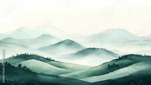 Bucolic scene in chinese ink wash style, delicate mist, soft green-blue hills, harmonious balance of empty space and detail, elegant composition. Harmonious - Meadow. Illustration photo