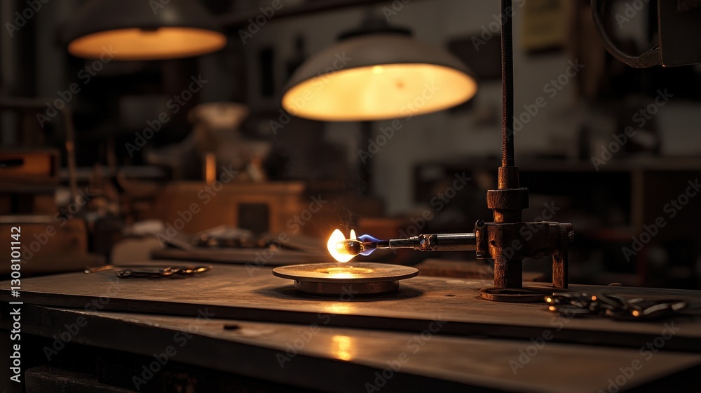 Naklejka premium Flame Ignition in Artisan Workshop with Dim Ambient Lighting