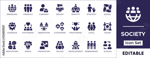 Flat society, teamwork, and cooperation icon set featuring community, collaboration, leadership, partnerships, social groups, networking, and corporate team dynamics.