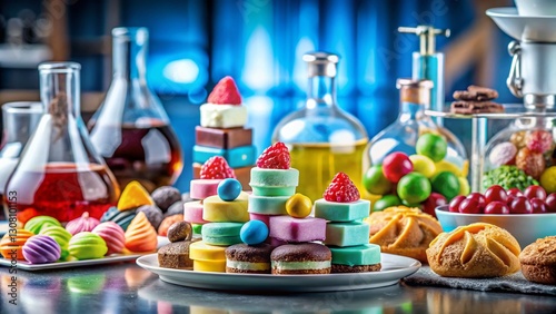 Wallpaper Mural Delicious Sweet Treats with Lab Equipment Background - High-Resolution Stock Photo Torontodigital.ca