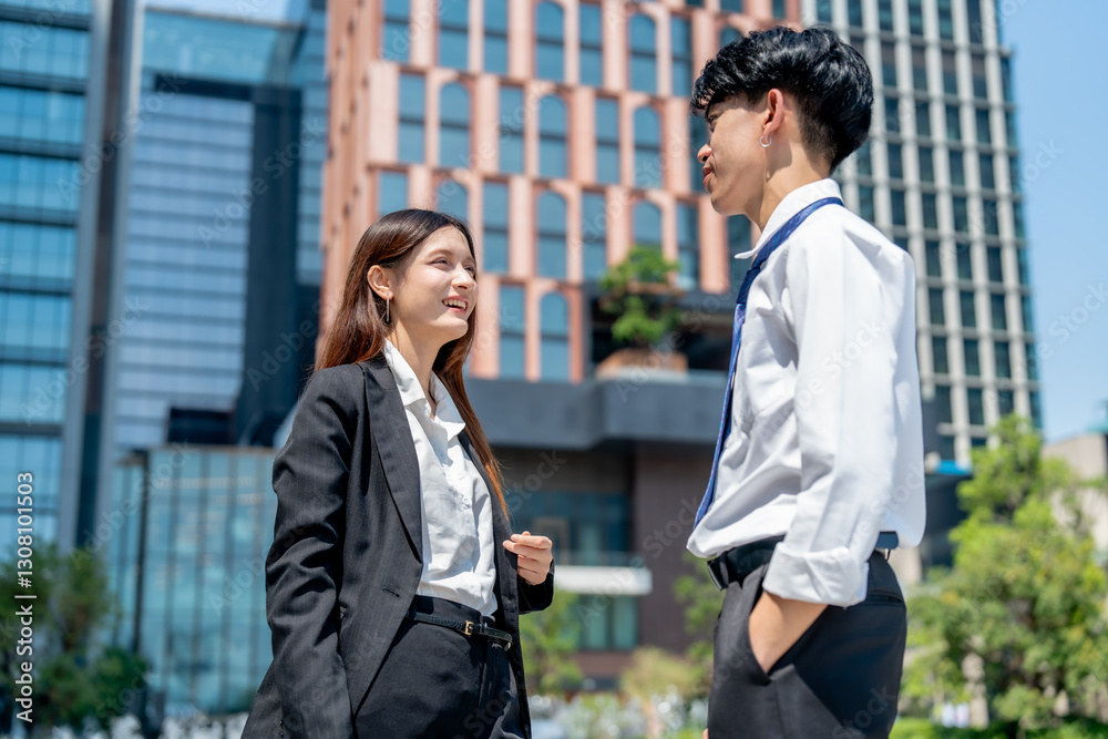 Two professionals in business attire engage in conversation outdoors, smiling and enjoying sunny day in modern urban setting Two professionals in business attire engage in conversation outdoors, smiling and enjoying sunny day in modern urban setting