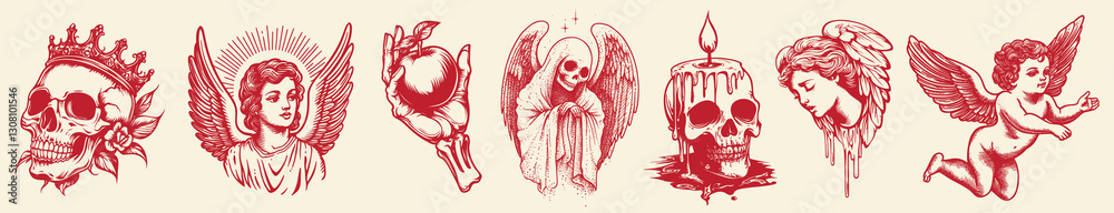 Fototapeta premium Vintage tattoo-inspired angelic skulls, element vector set