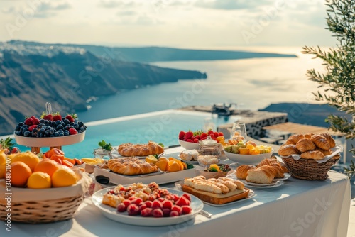 A Luxurious Mediterranean Breakfast A lavish spread of fresh pastries, berries, and citrus fruits adorns a table overlooking a stunning infinity pool and the Aegean Sea. The golden hour sunlight